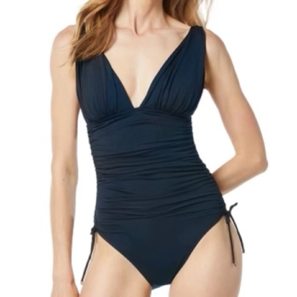 NWT Michael Michael Kors Navy Ruched One-Piece Swimsuit Size 8 Plunge Neckline